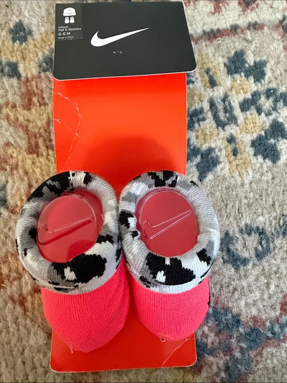 Brand New Nike Infant Pink Bootie Socks with Black Swoosh and Black-White Cuff